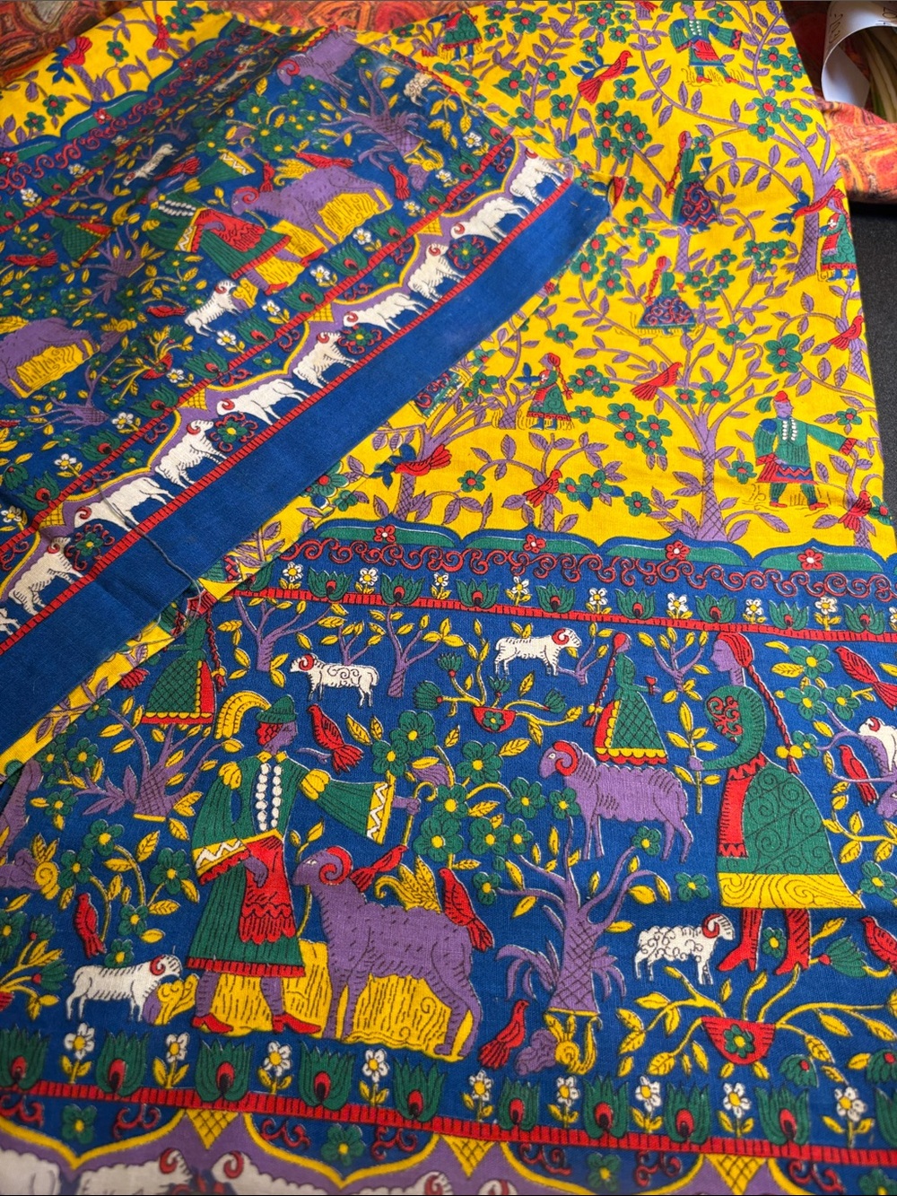 Vintage 2 panels Vibrant Yellow & Blue Folk Art Wall Hanging. Border design FF